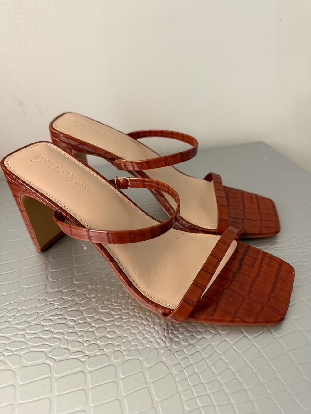 Brown Croc-Embossed Strappy Block Heel Sandals